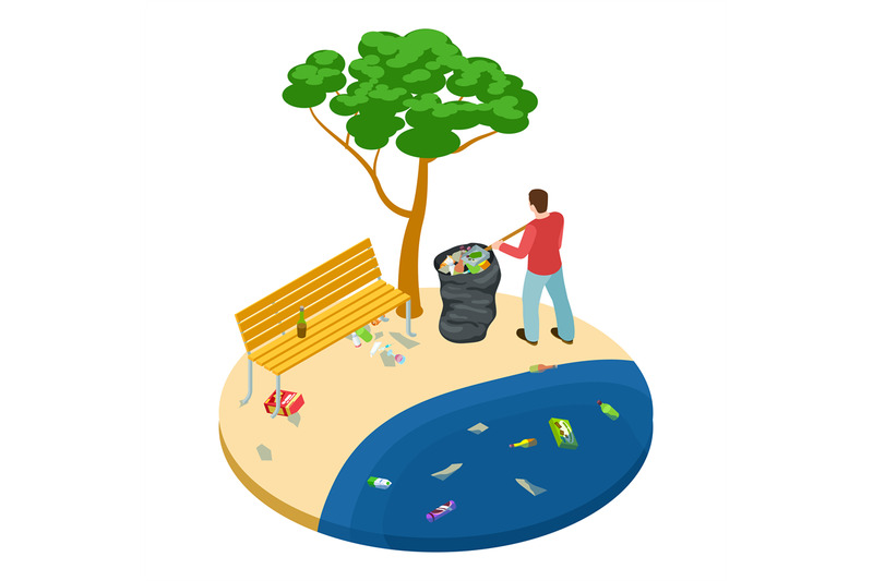 isometric-man-picks-up-trash-on-the-beach-water-ocean-and-nature-pol