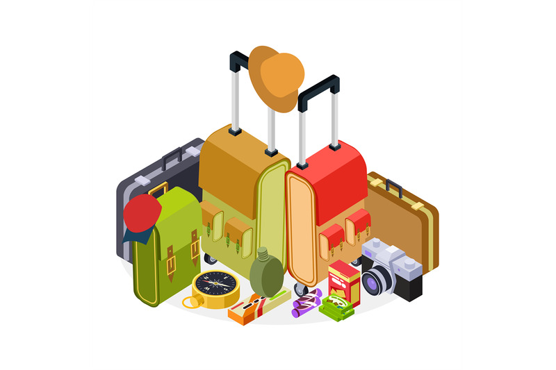 isometric-travel-vector-illustration-luggage-suitcases-backpack-and