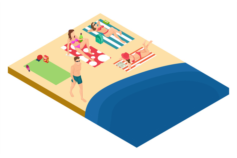 man-and-women-rest-on-the-beach-isometric-vector-design