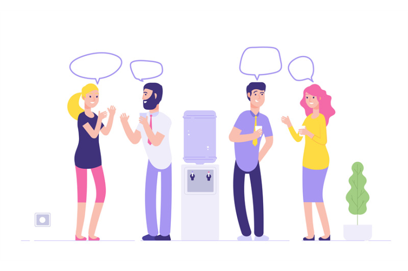 office-cooler-meeting-men-women-drinking-water-talking-speech-bubbles