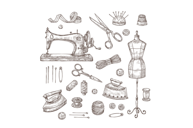 tailor-shop-sketch-sewing-tools-materials-vintage-clothes-needlework