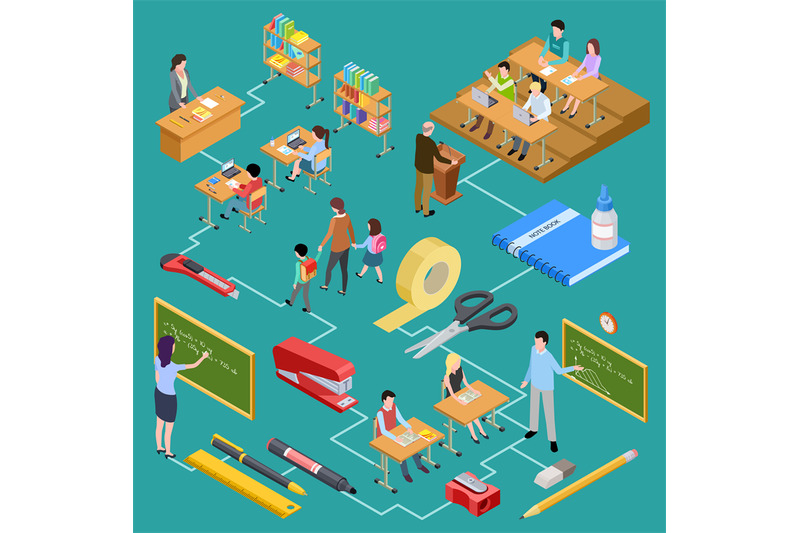 school-education-teachers-and-students-isometric-vector-concept