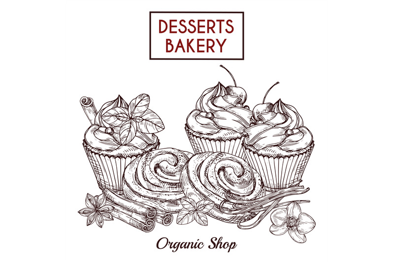 sketch-of-buns-and-cakes-and-spices-desserts-bakery-vector-background