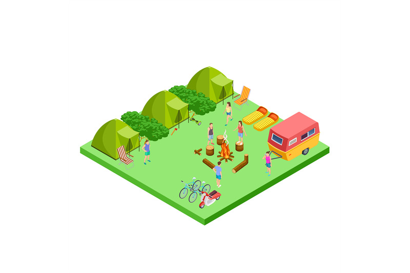 summer-camping-isometric-with-van-and-tents-vector-location