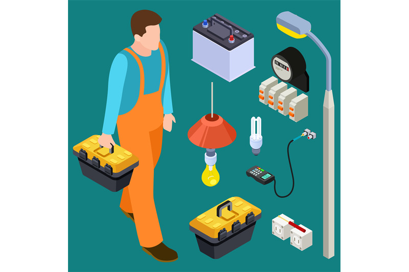 master-electrician-and-tools-isometric-vector-set