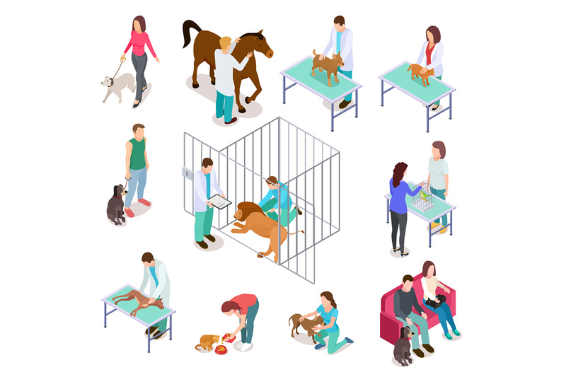 isometric-veterinary-animals-shelter-people-pet-dog-cat-veterinarian