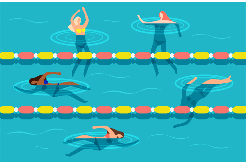 group-of-women-swimming-in-waterpool-vector-illustration