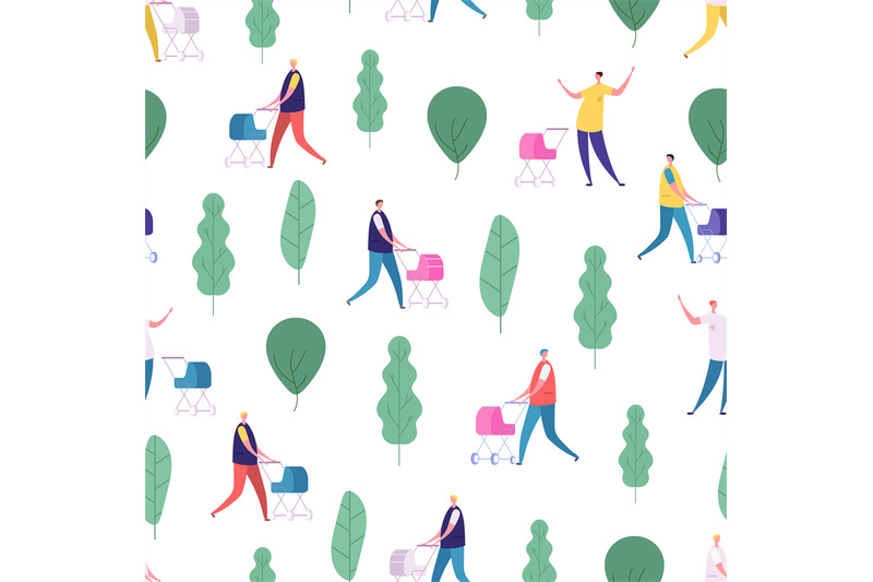 men-with-baby-strollers-walk-in-the-park-vector-pattern-design