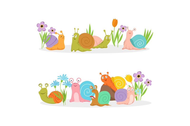 group-of-cartoon-character-snails-with-flowers