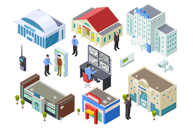 security-system-for-various-public-buildings-isometric-vector-collecti