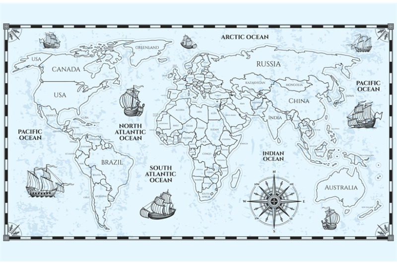 vector-antique-world-map-with-countries-boundaries-and-ships