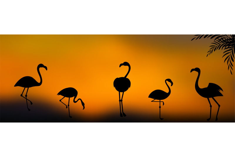 vector-group-of-flamingo-silhouettes-at-sunset-background