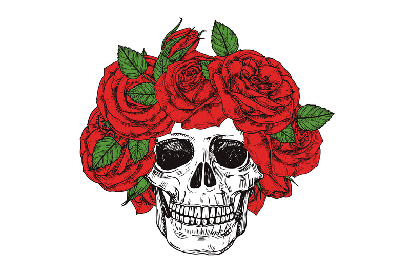 hand-drawn-skull-with-roses-head-wreath-vector-isolated-on-white-backg