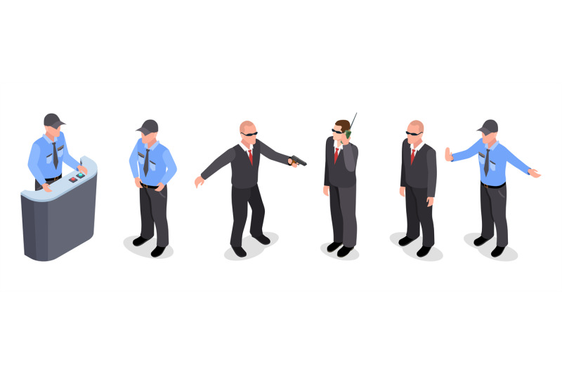 vector-isometric-set-of-guards-police-officers-agents-isolated-on-wh