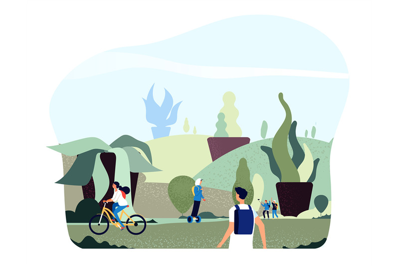 people-in-city-park-free-green-giant-plants-persons-walk-ride-bike-in