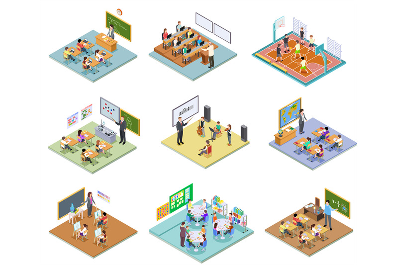 school-rooms-isometric-library-dining-room-lecture-classroom-gym-spor