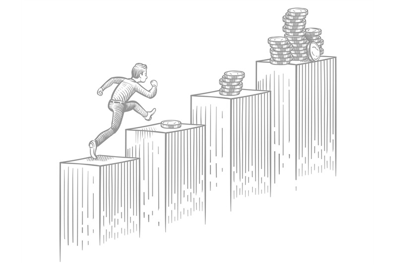 businessman-running-up-stairs-with-coins-sketch-business-and-career