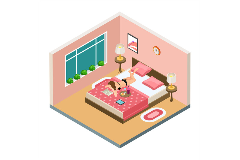 sexy-girl-reading-book-drinking-wine-in-bedroom-on-bed-isometric-vect