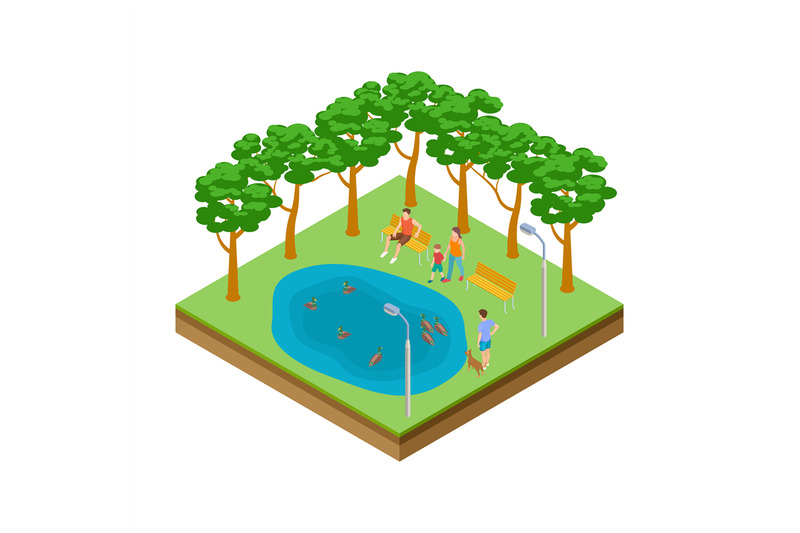 isometric-pond-with-ducks-in-the-city-park-vector-illustration