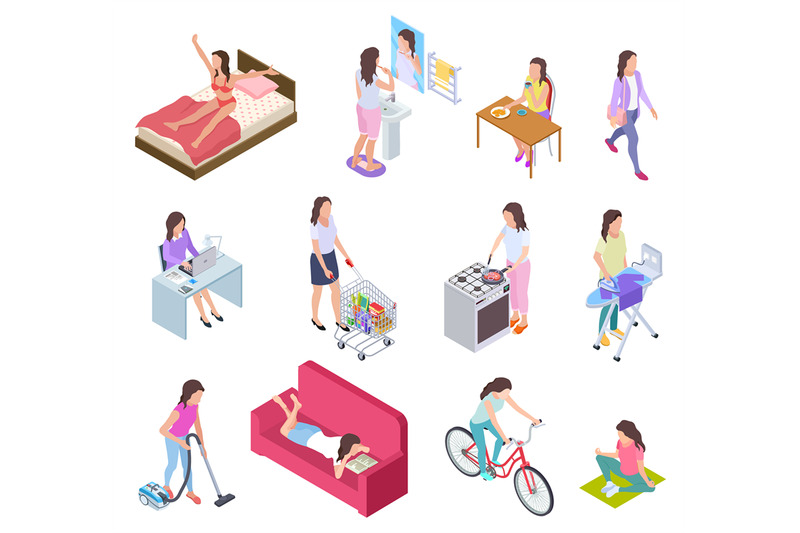 woman-daily-routine-housewife-ironing-and-shopping-doing-fitness-and