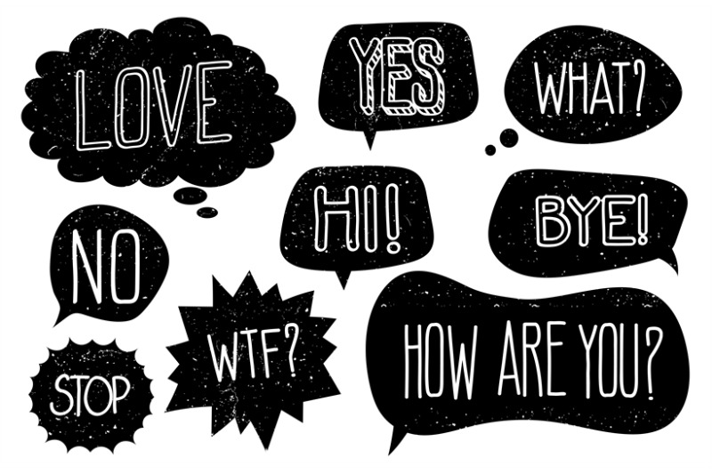 grunge-speech-bubbles-with-hand-drawn-text-vector-set