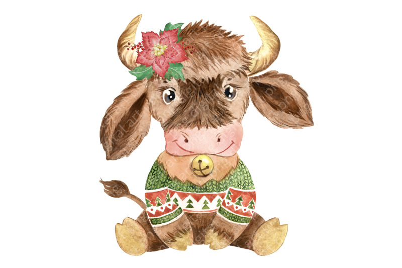 new-years-bull-watercolor-clipart-symbol-of-2021-christmas-animal
