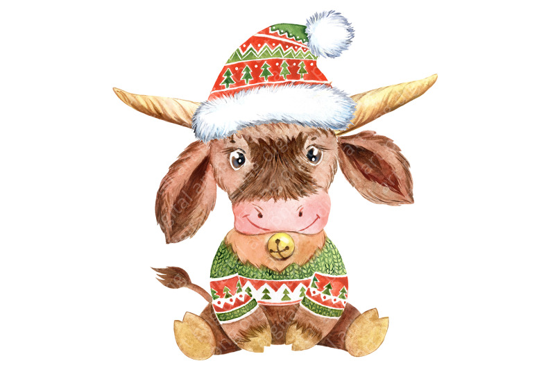 new-years-bull-watercolor-clipart-symbol-of-2021-christmas-animal