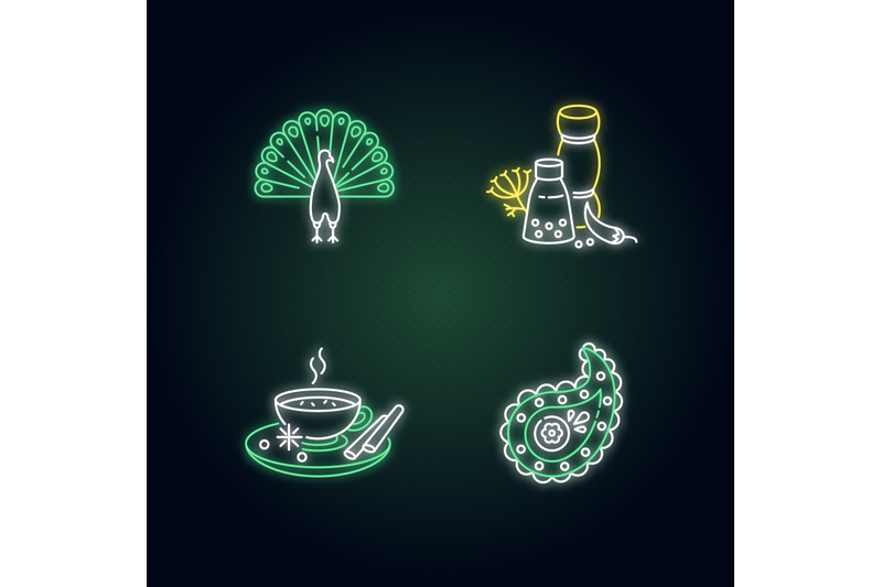 indian-culture-neon-light-icons-set