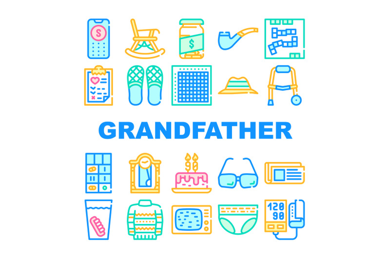 grandfather-accessory-collection-icons-set-vector