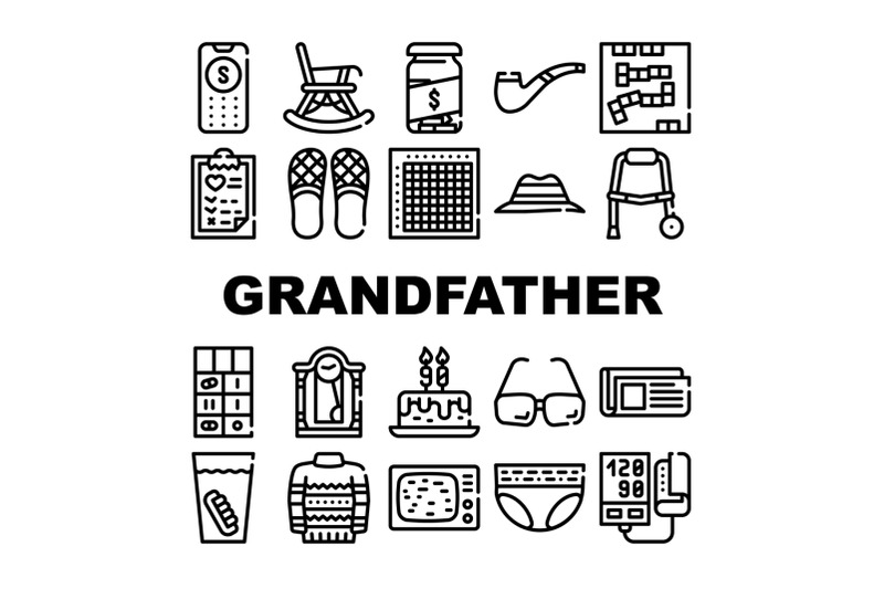 grandfather-accessory-collection-icons-set-vector