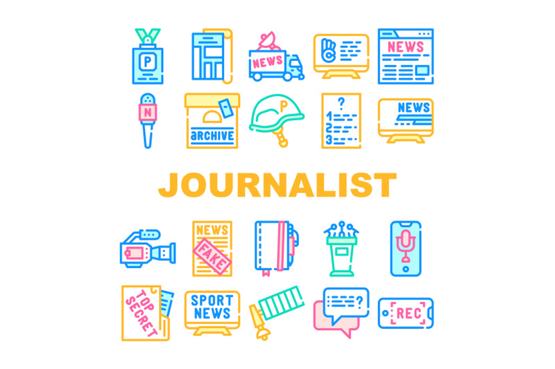 journalist-accessories-collection-icons-set-vector