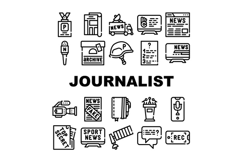 journalist-accessories-collection-icons-set-vector