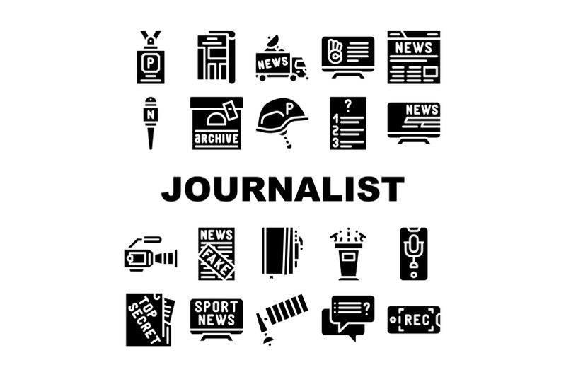 journalist-accessories-collection-icons-set-vector