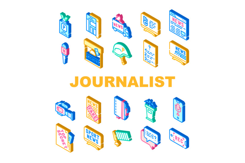 journalist-accessories-collection-icons-set-vector
