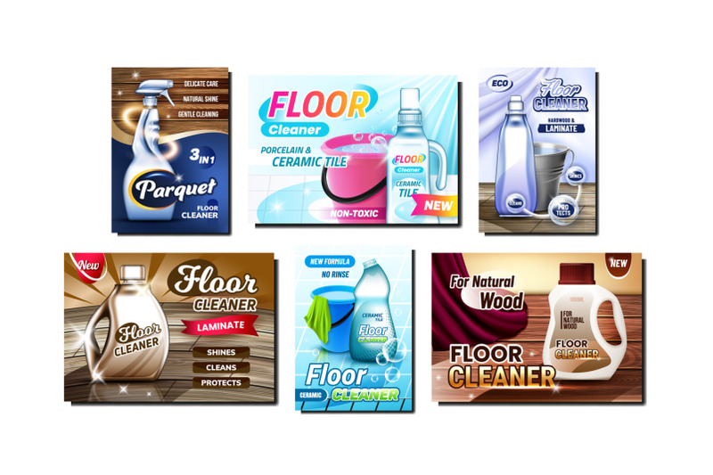 floor-cleaner-creative-promo-posters-set-vector