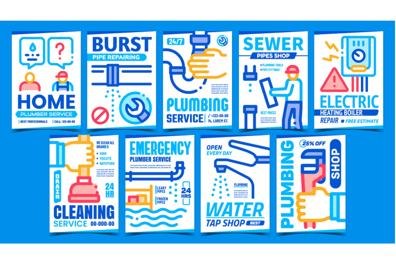 plumber-service-creative-promo-posters-set-vector