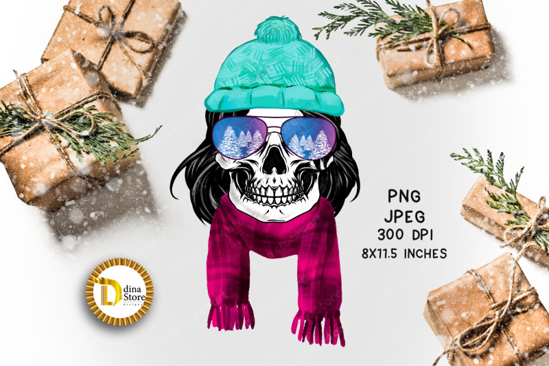 christmas-sublimation-clipart-winter-skull-with-sun-glasses