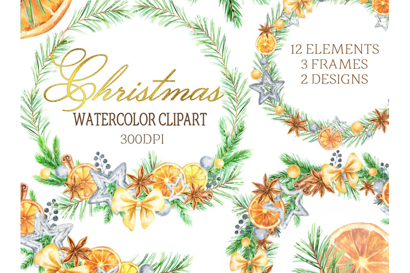 watercolor-christmas-clipart-oranges-citrus-winter-frame-cinnamon-wrea