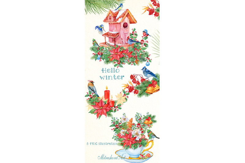 christmas-clipart-watercolor-illustrations-birdhouse-bouquets-in-cu