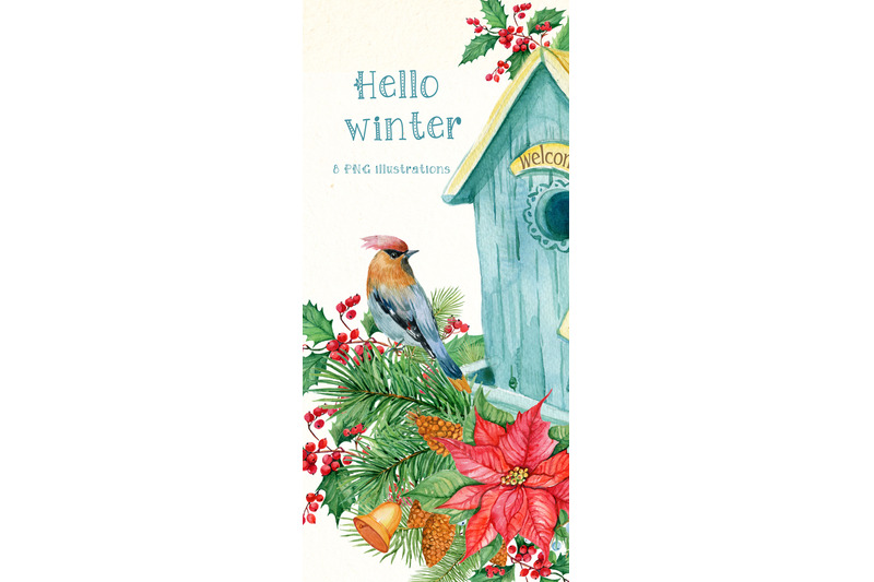 christmas-clipart-watercolor-illustrations-birdhouse-bouquets-in-cu