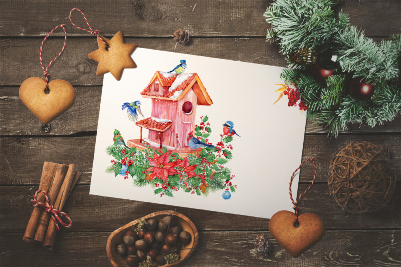 christmas-clipart-watercolor-illustrations-birdhouse-bouquets-in-cu