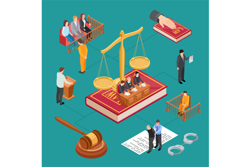 isometric-law-vector-concept-jury-judge-trial-law-bible-prisoner