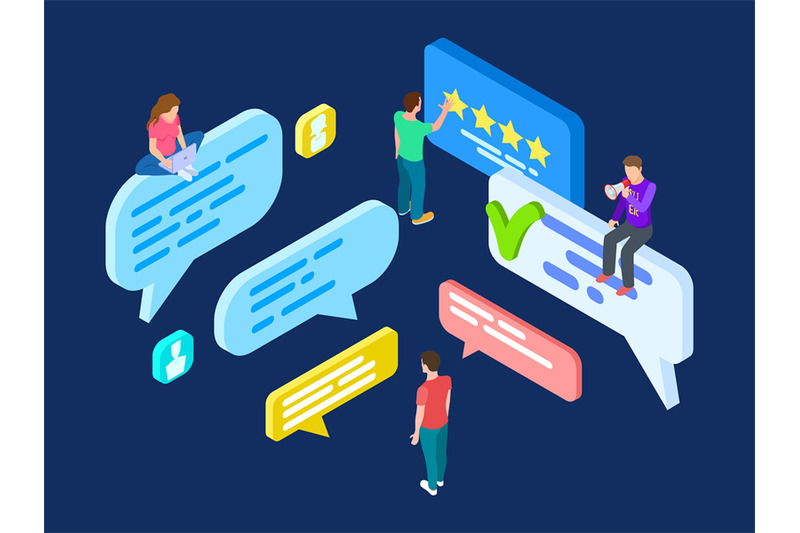 isometric-review-vector-feedback-concept-with-people-and-speech-bubbl