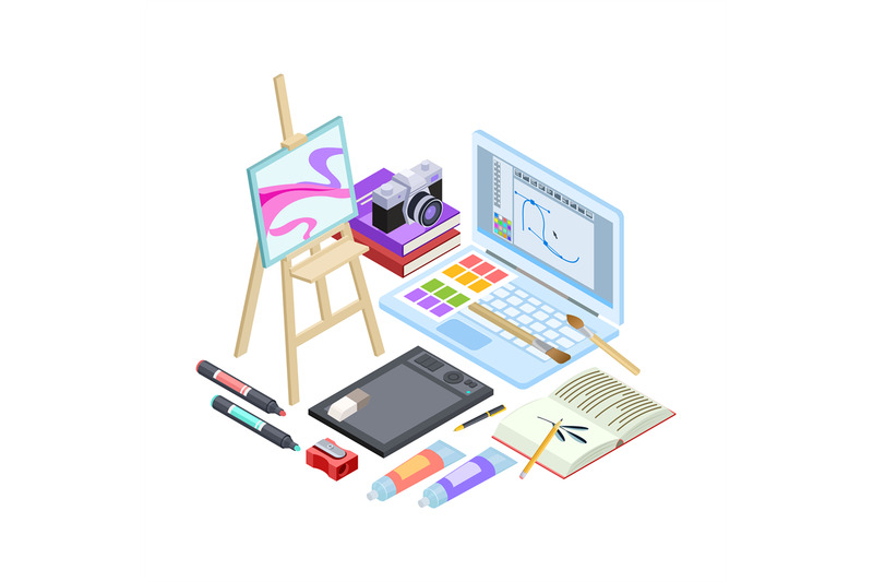 isometric-stationery-and-drawing-tools-isolated-on-white-background-v