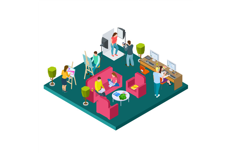 open-art-space-isometric-vector-concept-illustration-of-artists-desi