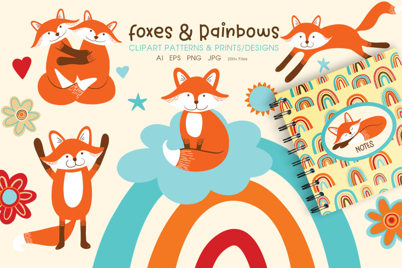 cute-foxes-and-rainbows-clipart-amp-prints-ai-eps-png