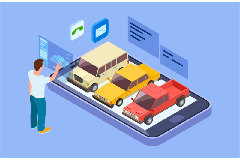 rent-car-online-isometric-buy-car-with-online-phone-app-man-chooses