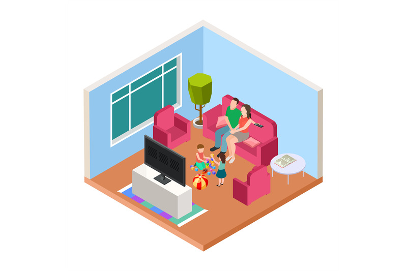 isometric-family-time-vector-parents-and-kids-watching-tv-and-playing