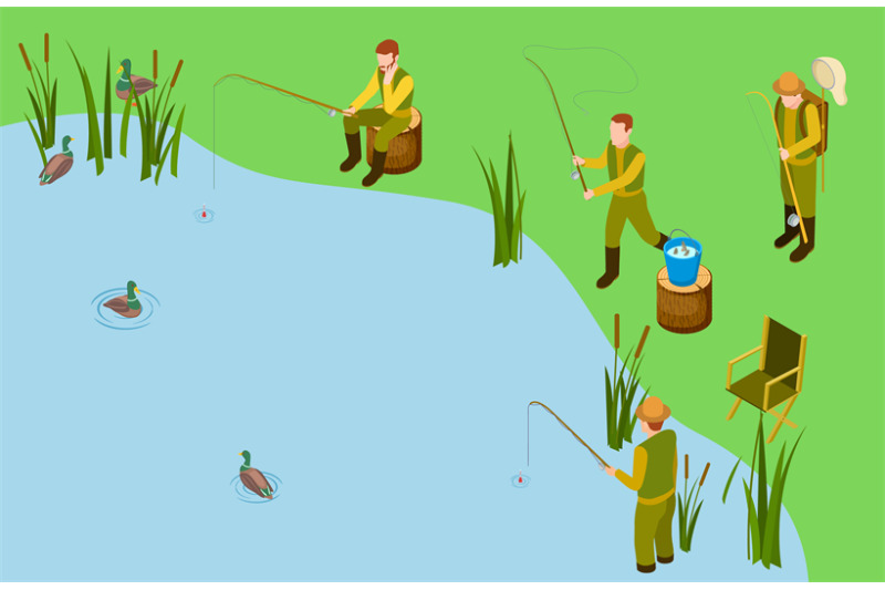 fishermen-on-the-lake-vector-isometric-fishing-concept-male-hobby-o