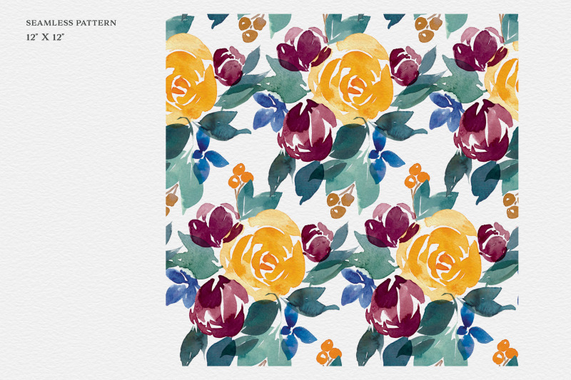 yellow-burgundy-navy-flowers-watercolor-clipart-set
